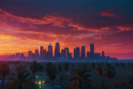 Dubai downtown at sunset in Dubai, United Arab Emiratesの素材