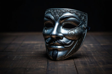 Traditional Venetian mask on wooden background. Selective focus.の素材
