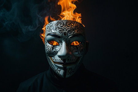 Man in a carnival mask with fire on a black background.の素材