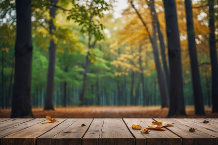 Wooden table with autumn leaves in the forest. Autumn background.の素材