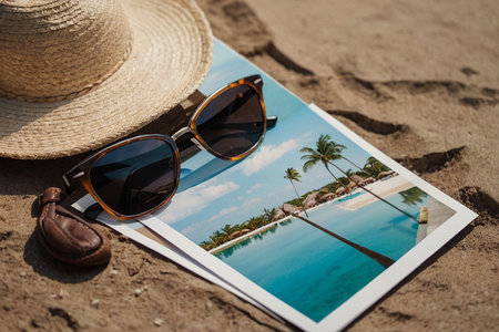 Straw hat, sunglasses and flip flops on the sand.の素材