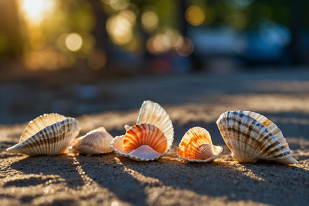 Seashells on the sand in the rays of the setting sunの素材