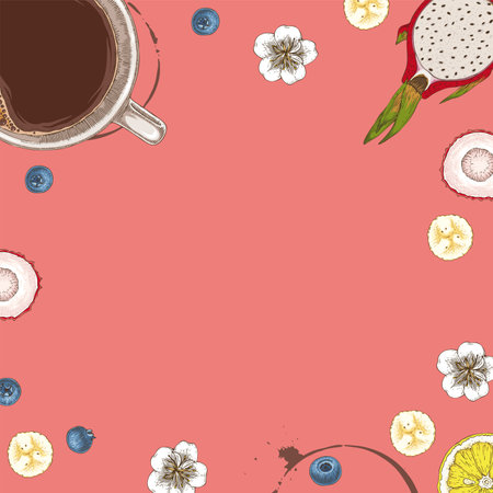 Cup of coffee and dragon fruit on a pink background. Vector illustration.のイラスト素材