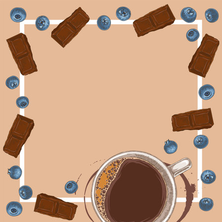 Cup of coffee with chocolate, blueberries and chocolate bars. Vector illustration.のイラスト素材