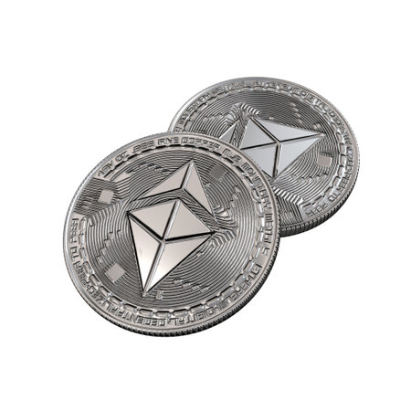 Silver Ethereum coins isolated on white background. 3D illustration. Cryptocurrency concept.の写真素材