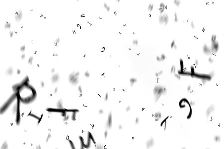 Falling letters of the English alphabet. Black and white flying words of the Latin alphabet in the air. Foreign languages study concept.の写真素材