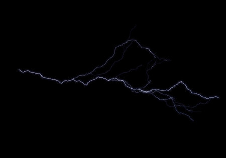 Blue lightning on black background. Thunderstorm. Close-up.