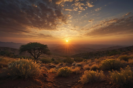 Sunset in the desert of the Mojave Desert, California, USA