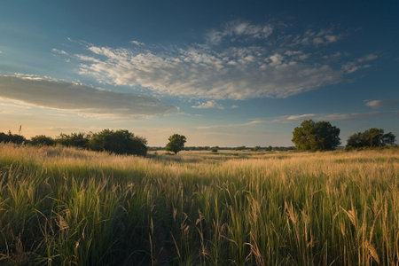 Sunset over a meadow with tall grass and trees in the background