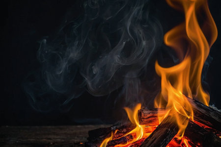 Burning firewood on a black background. Place for text.の写真素材