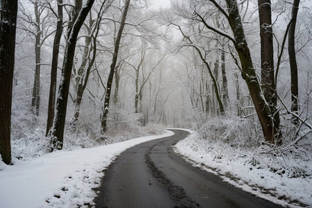 Winter road in the forest. Winter landscape with trees covered with snow