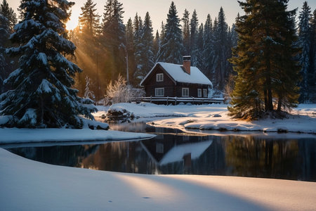 Beautiful winter landscape with a small house on the shore of the lake