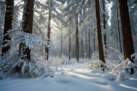 Beautiful winter landscape with snow covered trees in the forest. Snowy forest