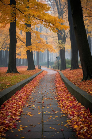 Autumn alley in the park. Beautiful autumn landscape with fallen leaves.