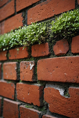 Old brick wall texture with green grass growing on it. Shallow depth of fieldの写真素材