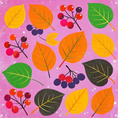 Autumn background with colorful leaves and berries. Hand drawn vector illustration.の写真素材