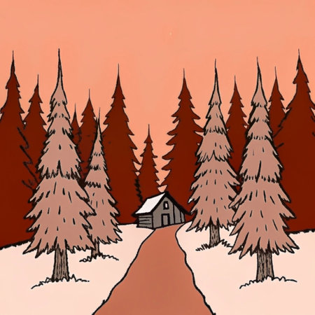 Winter landscape with a house in the forest. Hand-drawn illustration.の写真素材