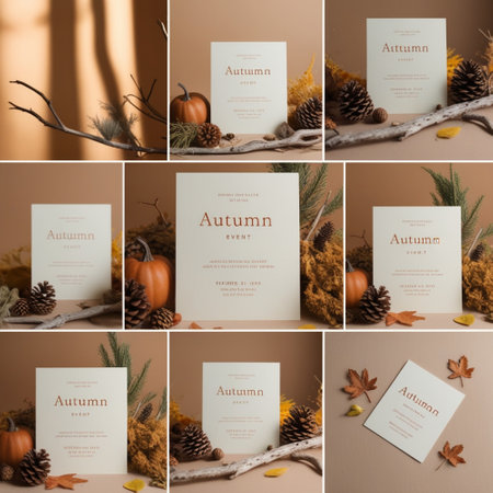 Autumn wedding invitation card template. Autumn background with pumpkins, cones, branches and leaves.の写真素材