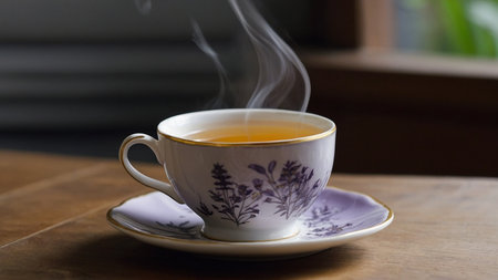 Cup of hot tea with steam on wooden table in coffee shop