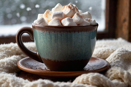 Cup of hot cocoa with marshmallows on the windowsill.