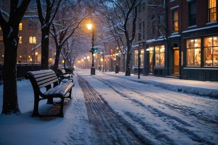 Bench in the snow at night in Boston, Massachusetts, USA.の写真素材