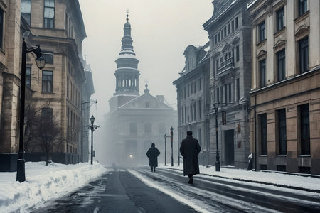 Winter in the city. A man walks along a snowy street.