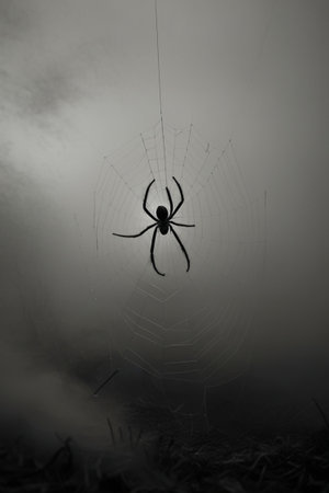 Spider on a spider web in foggy morning. Halloween concept.