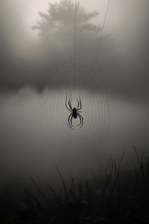 Spider in a spider web in the foggy morning. Halloween.
