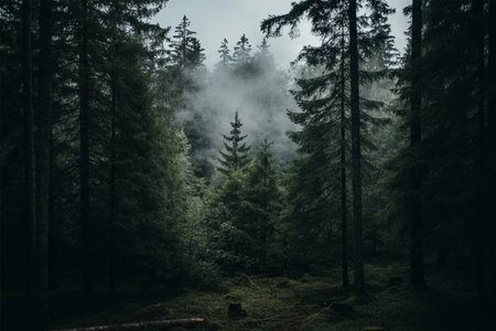 Mysterious dark forest with fog in the morning. Dramatic sceneryの写真素材