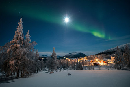 Aurora borealis, northern lights in the night sky over mountain village in winterの写真素材