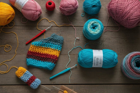 Knitting woolen socks on wooden background. Knitting needles, yarn balls and crochet hook.