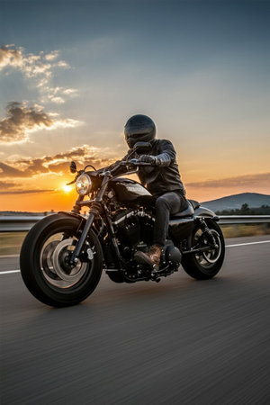 Biker riding a motorbike on the highway at sunset time.