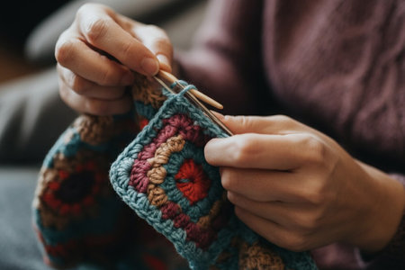 cropped view of woman knitting with needles in living room at homeの写真素材