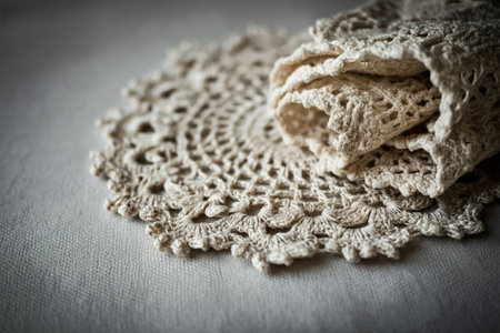 Lace napkin on a light background. Selective focus. Toned.の写真素材