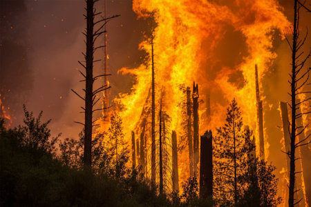 Burning forest in California, United States of America. Fire in the forest.