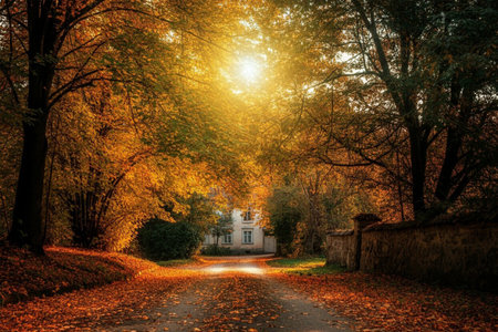 Autumn landscape with road and trees in the park at sunset.