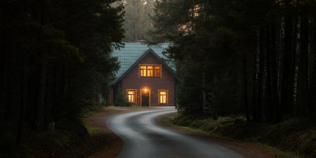 Beautiful wooden house in the forest at night, panoramic view