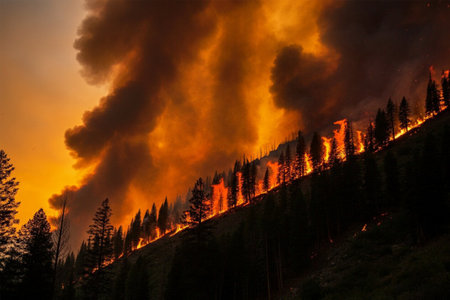 Forest fire in the mountains at sunset, Kootenay, British Columbia, Canada
