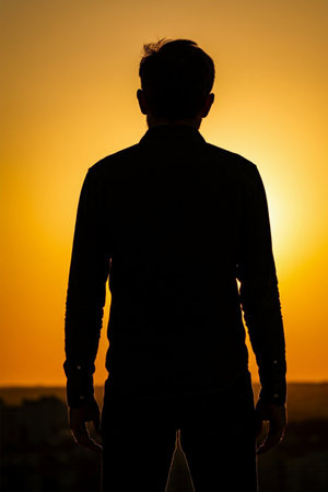 Silhouette of a young man on the background of the setting sunの写真素材