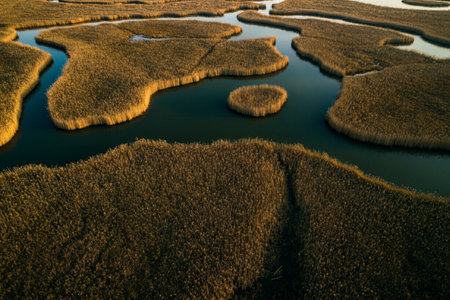 Aerial view of small lakes in the field. Nature background.の写真素材