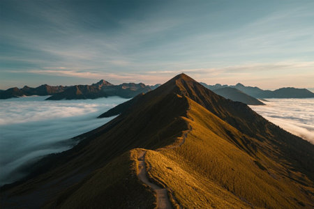 Mountain landscape in the clouds. View from the top of the mountain.