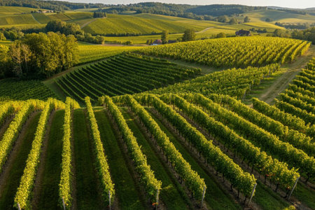 Aerial view of rows of vineyards in South Moravia, Czech Republicの写真素材