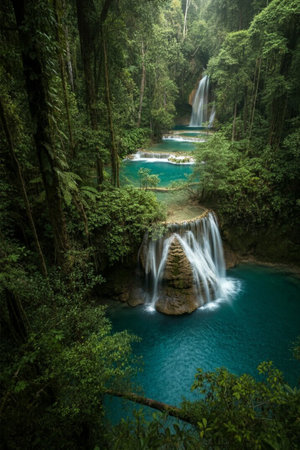 Deep forest waterfall in Erawan National Park, Kanchanaburi, Thailandの写真素材