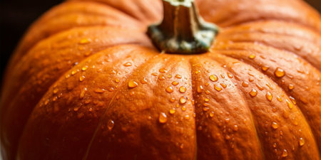 pumpkin close-up with water drops on a wooden backgroundの写真素材