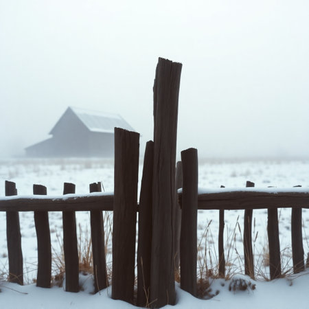 Wooden fence on a snowy field in the winter. Selective focus.の写真素材