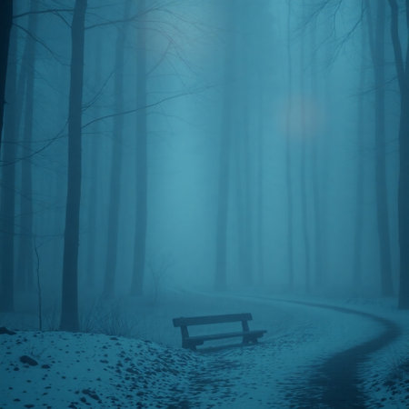 Conceptual image of a winter forest with fog and a benchの写真素材