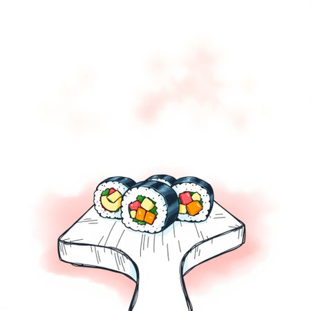 Illustration of sushi and rolls on a white background with space for textの写真素材