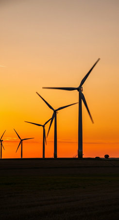 Windmills for electric power production at sunset, Zaragoza province, Aragon, Spain.