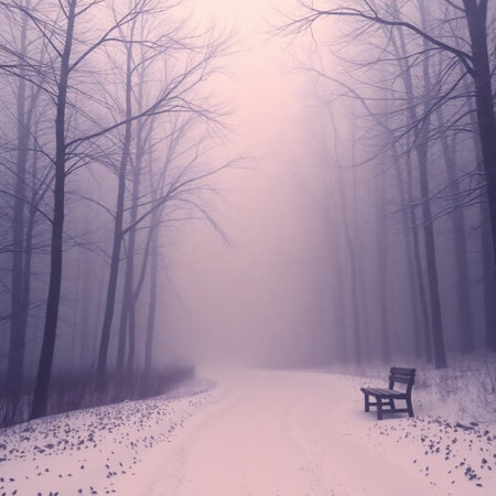 Foggy winter landscape with a bench in the middle of the roadの写真素材