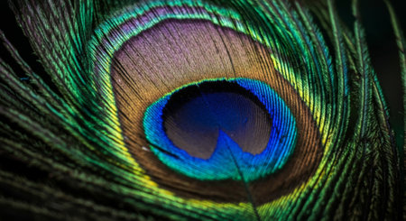 Peacock feather close-up macro photo. Abstract background.